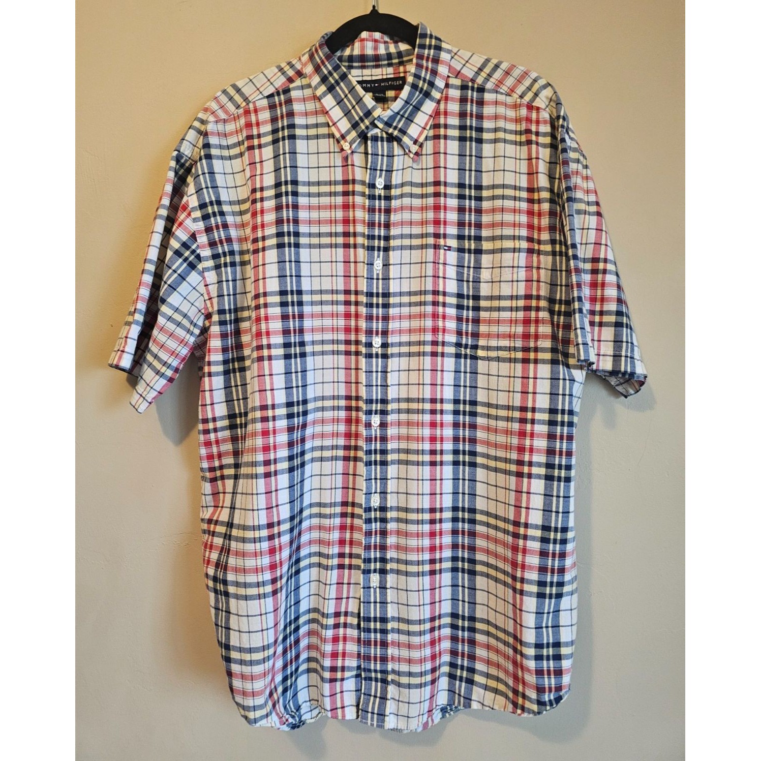 Tommy Hilfiger Men's Short Sleeve Plaid Button Down Shirt Xl, Patriotic, Casual